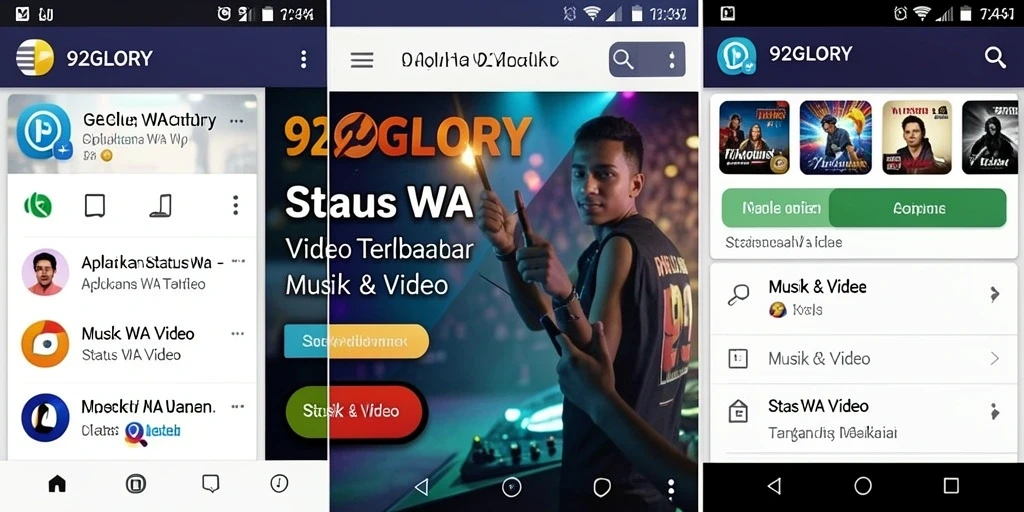 Tampilan antarmuka aplikasi 92GLORY yang ramah pengguna untuk Status WA Video.
