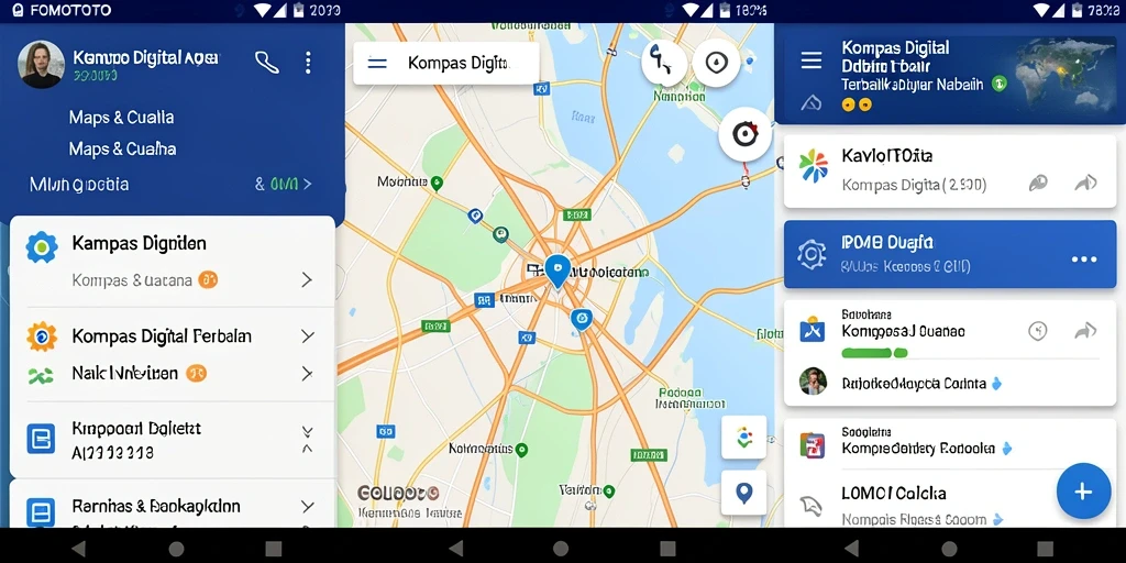 Tampilan antarmuka utama aplikasi FOMOTOTO dengan fitur kompas digital.