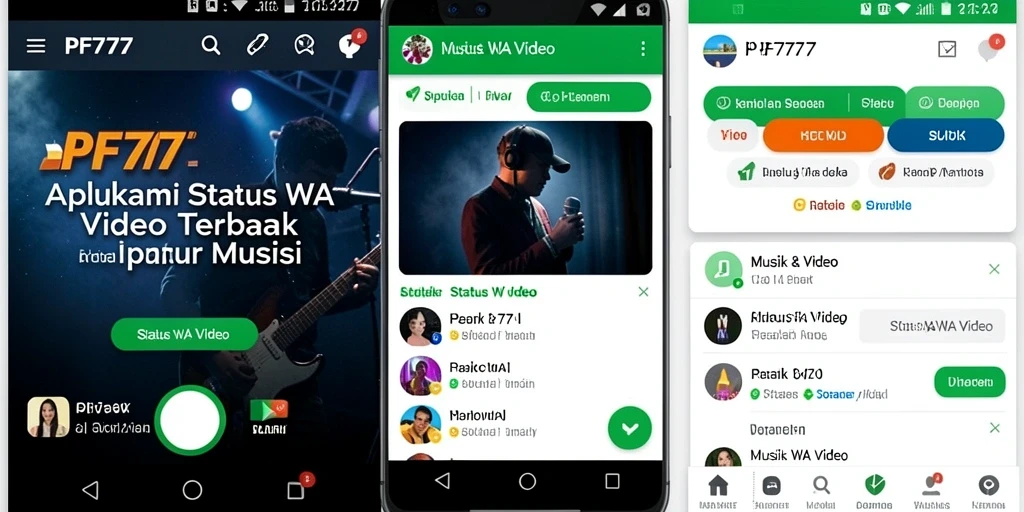 Screenshot PF777 menampilkan antarmuka pengguna aplikasi Status WA Video yang intuitif.